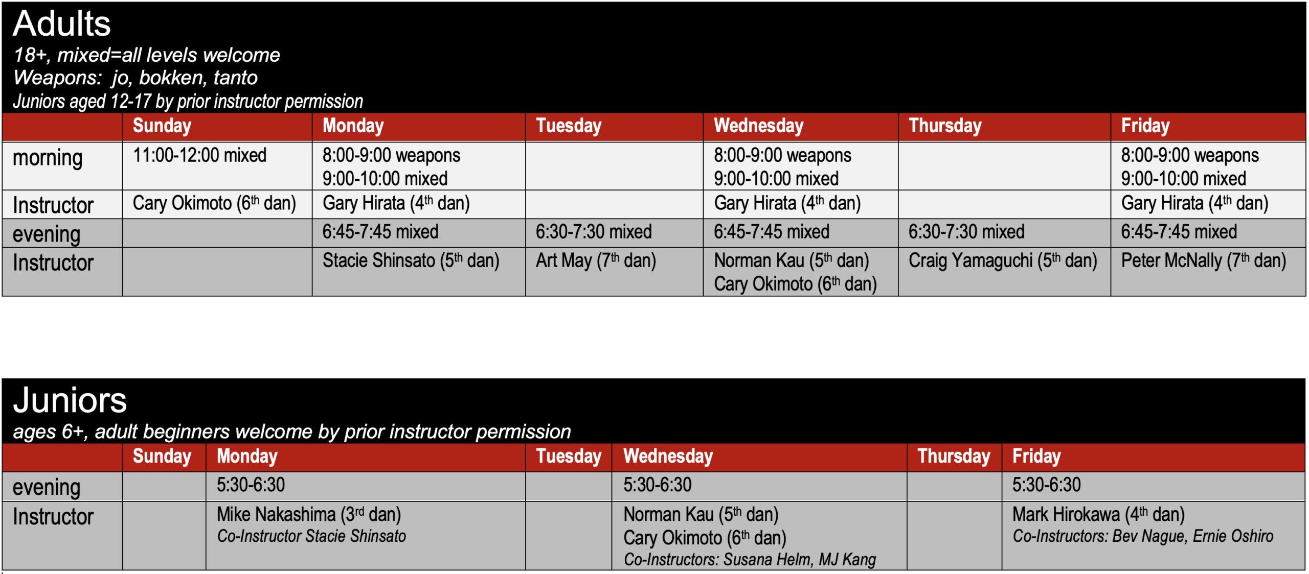 Training schedule table ss